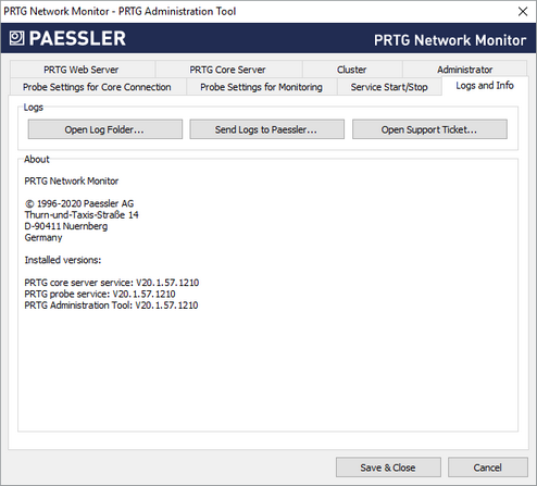 PRTG Administration Tool: Logs and Info