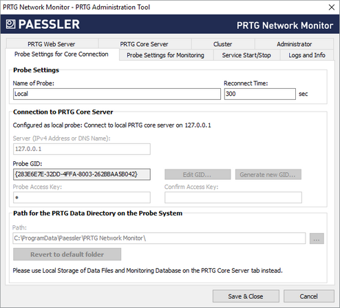 PRTG Administration Tool: Probe Settings for Core Connection