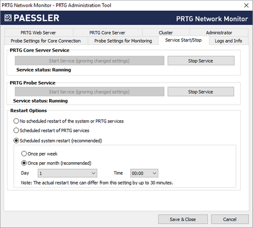 PRTG Administration Tool: Start and Stop Service